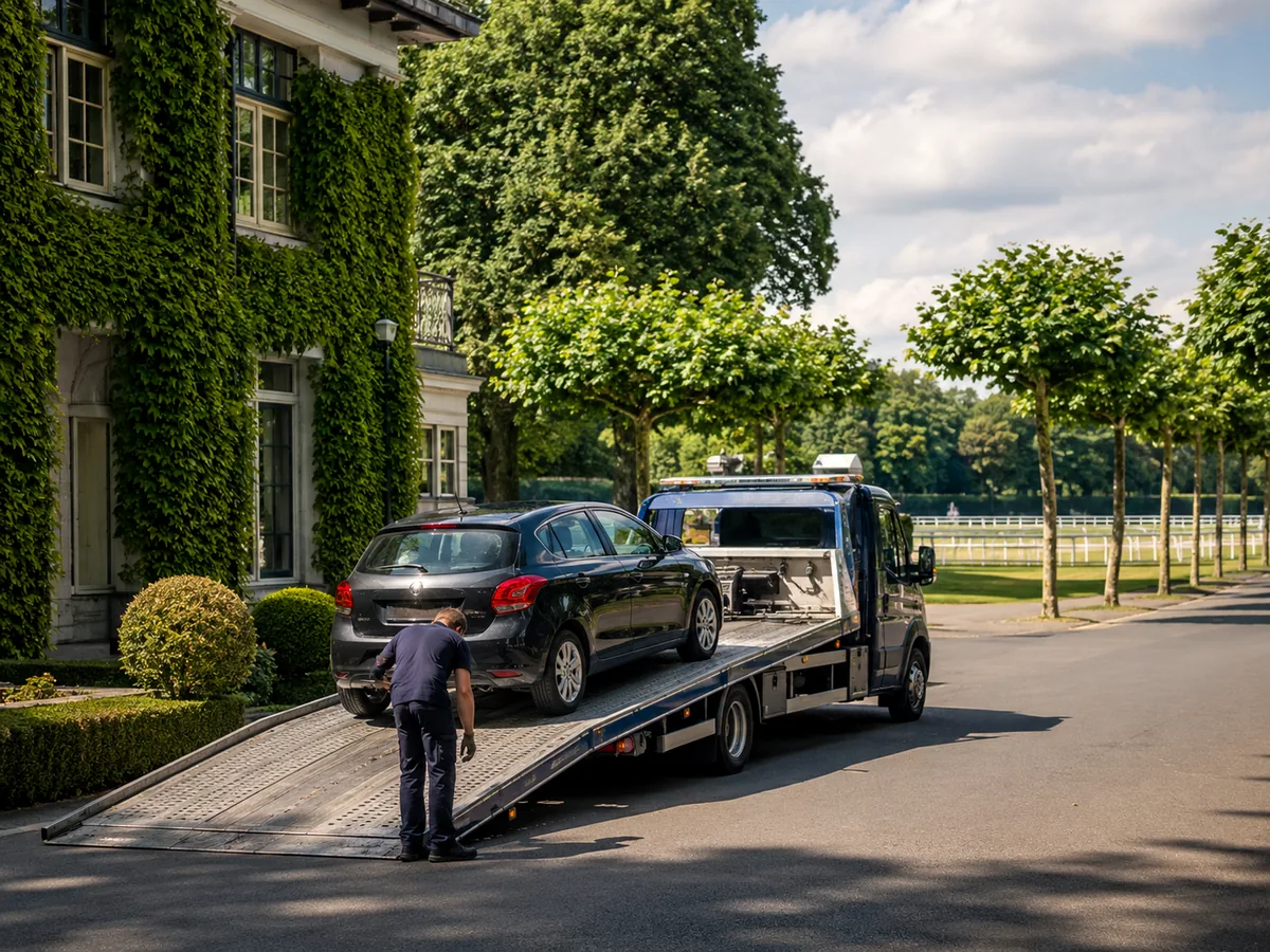 Auto wordt in Waregem op een oprijwagen geladen voor gratis ophaling, met de Markt op de achtergrond